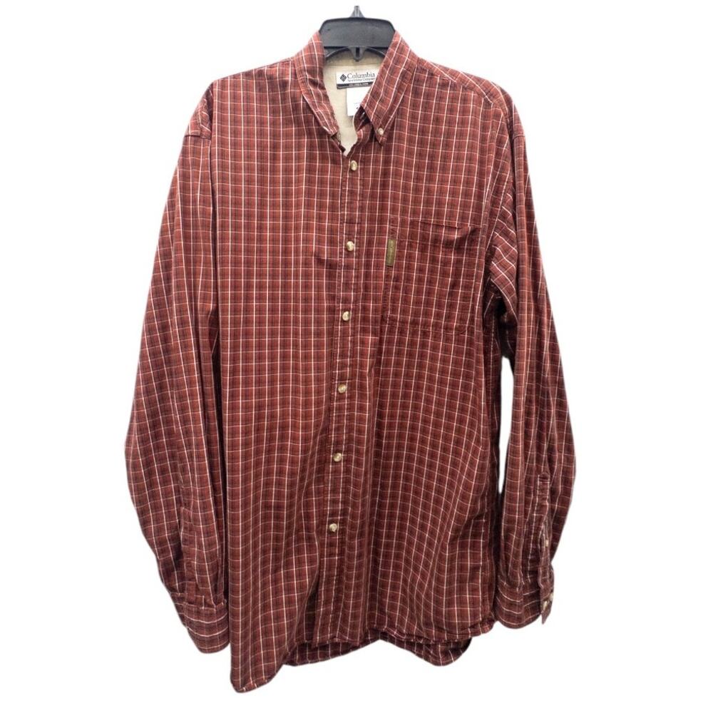 Columbia Men's LT Plaid Button-Down Shirt Burgundy Cotton Tall Fit